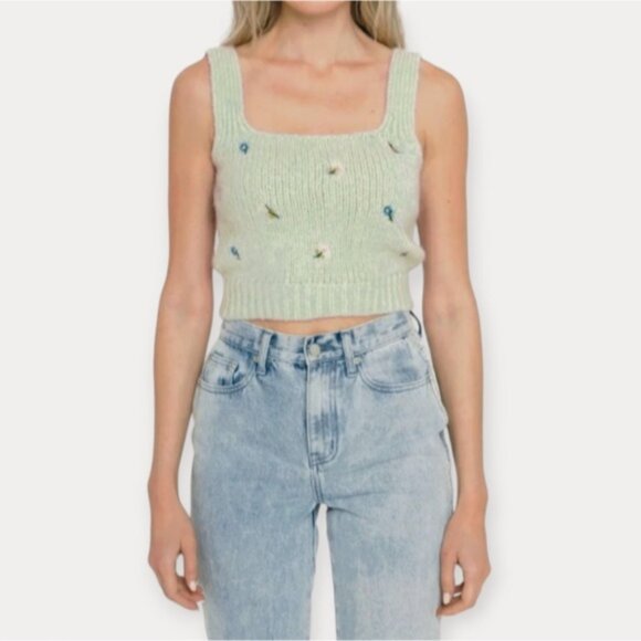 ENGLISH FACTORY Soft Green Knit Tank with Embroidered Floral Detail- Size L - Picture 9 of 15